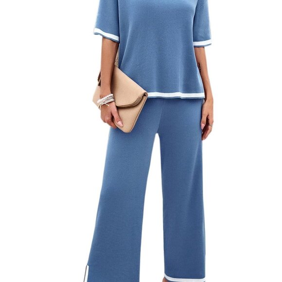 Summer Knit Lounge Set Short Sleeve Pullover Wide Leg Pants Y2K Chic